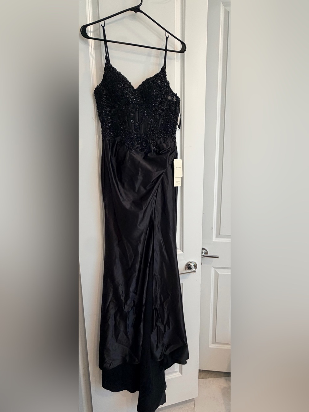 Elegant Black Beaded Satin Prom Gown with Spaghetti Straps